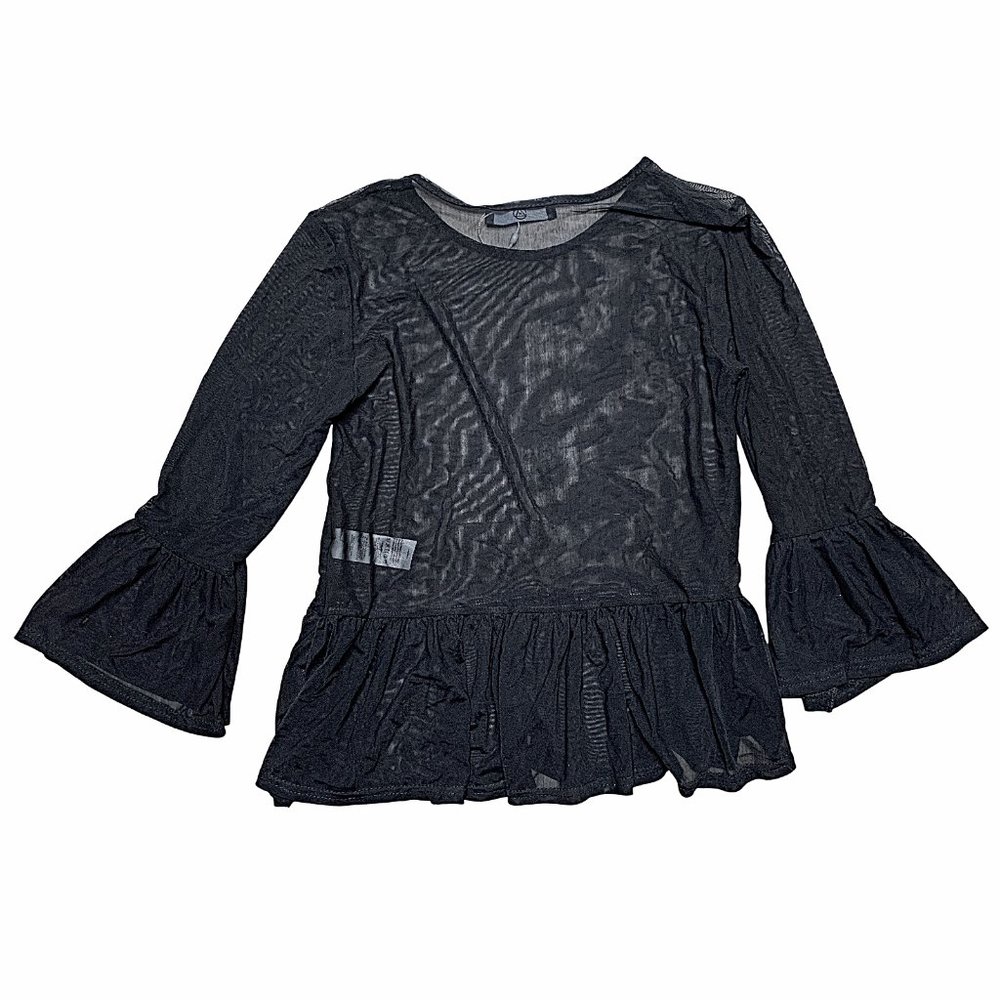 Missguided Sheer Mesh Bell-Sleeve Ruffle Blouse in Black - Picture 4 of 11